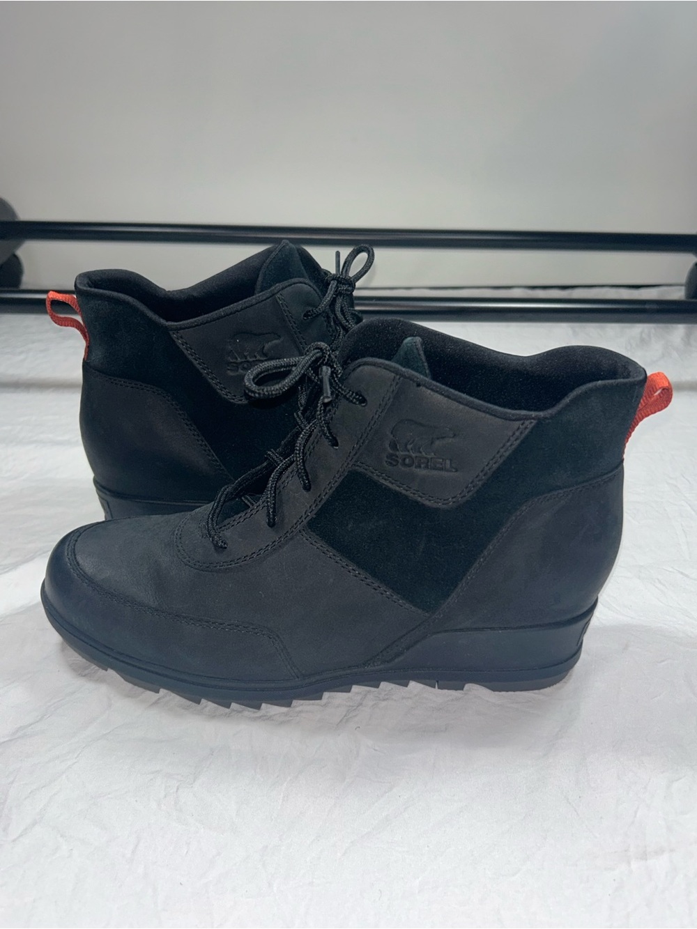 SOREL Evie Sport Lace Waterproof Wedge Boots - Black/Orange - Women's 9.5